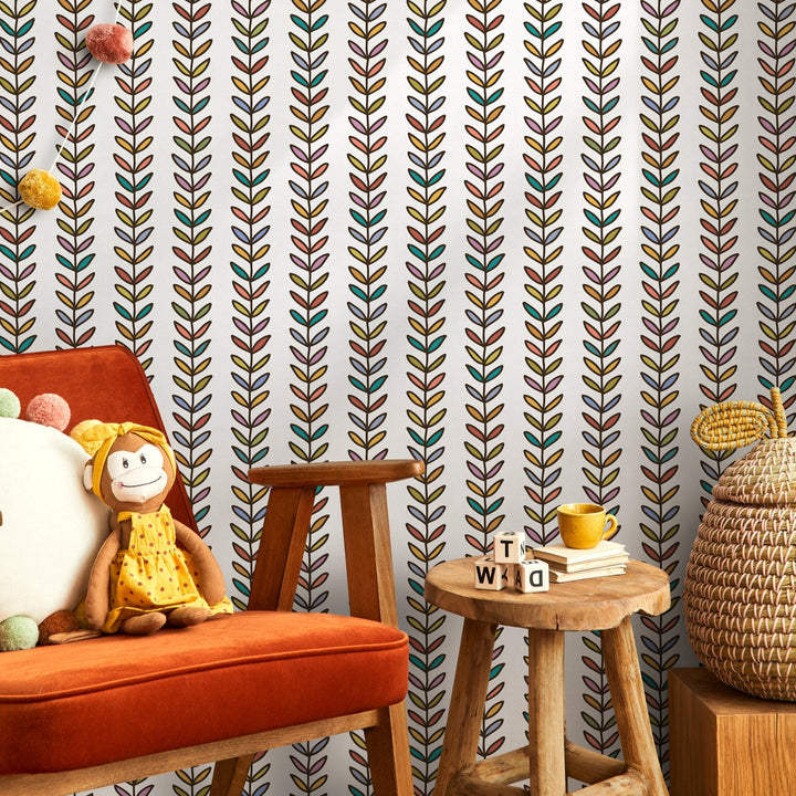 Botanical Wallpaper with a Stylized Vine Motif in Red, Yellow, and Teal - B844