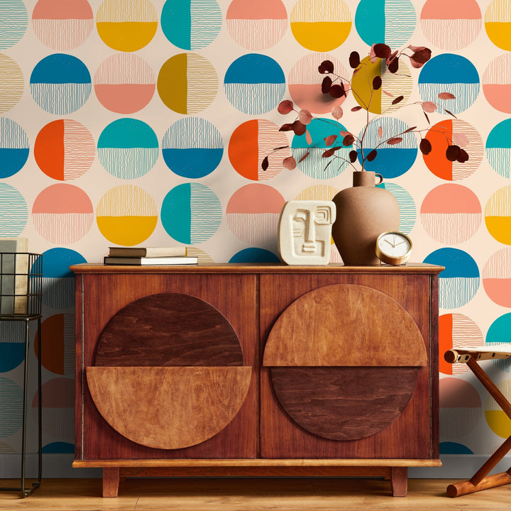 Geometric Wallpaper with Textured Half-Circles in Teal, Yellow, and Pink - B889
