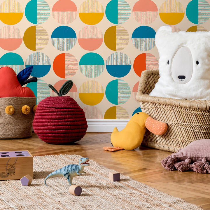 Geometric Wallpaper with Textured Half-Circles in Teal, Yellow, and Pink - B889