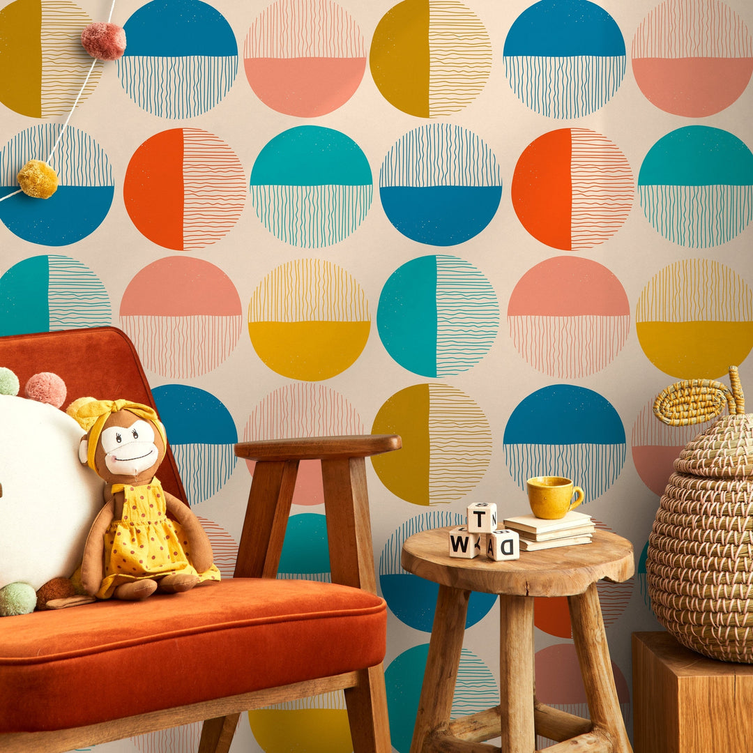 Geometric Wallpaper with Textured Half-Circles in Teal, Yellow, and Pink - B889