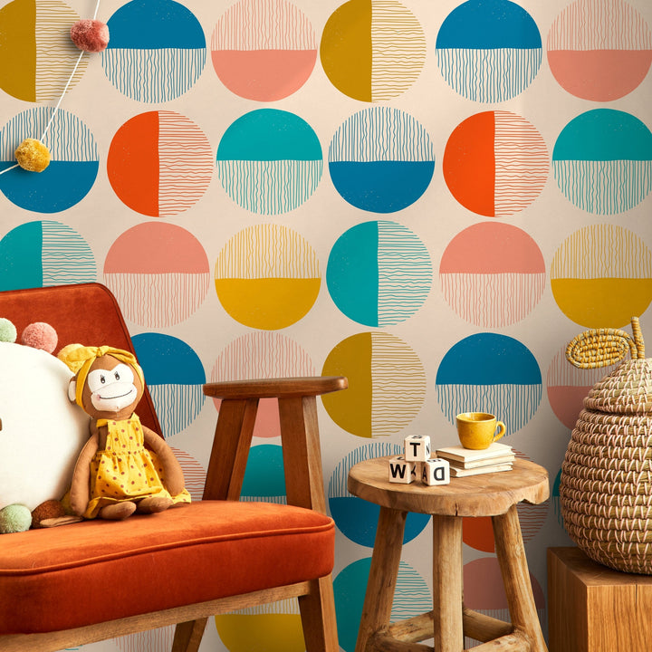 Geometric Wallpaper with Textured Half-Circles in Teal, Yellow, and Pink - B889