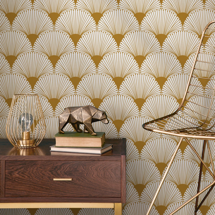 Art Deco Wallpaper with a Geometric Fan Motif in Gold - B937