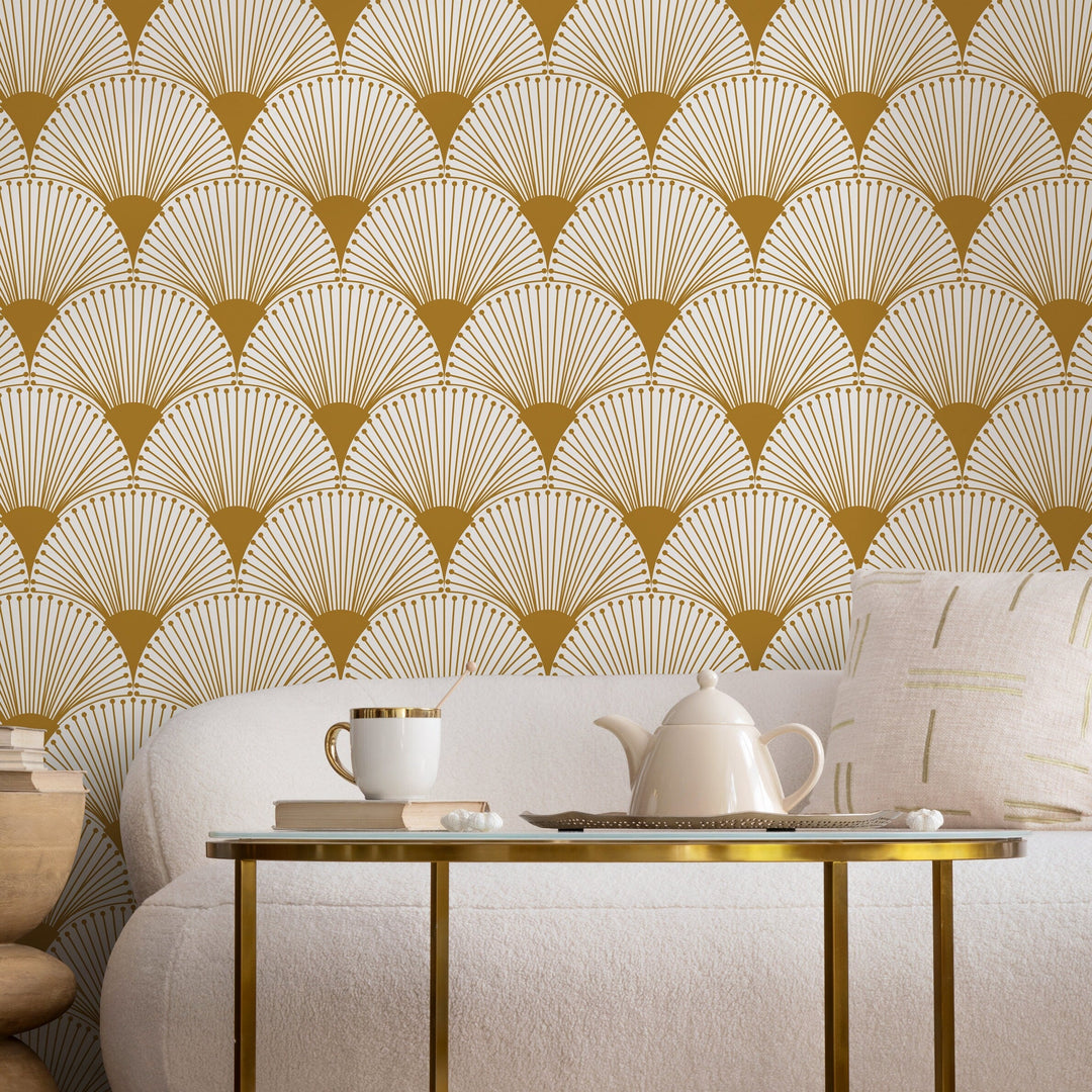 Art Deco Wallpaper with a Geometric Fan Motif in Gold - B937