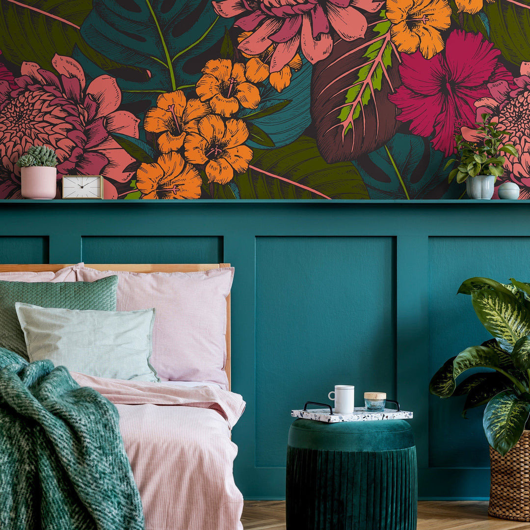 Botanical Wallpaper with Tropical Flowers and Leaves in Pink, Orange, and Teal - B391