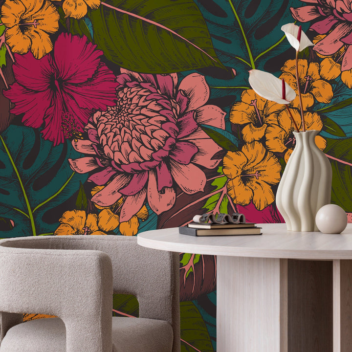 Botanical Wallpaper with Tropical Flowers and Leaves in Pink, Orange, and Teal - B391