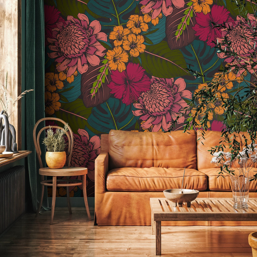 Botanical Wallpaper with Tropical Flowers and Leaves in Pink, Orange, and Teal - B391