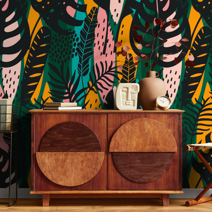 Botanical Wallpaper with an Abstract Jungle Leaf Motif in Black, Green, and Yellow - B177
