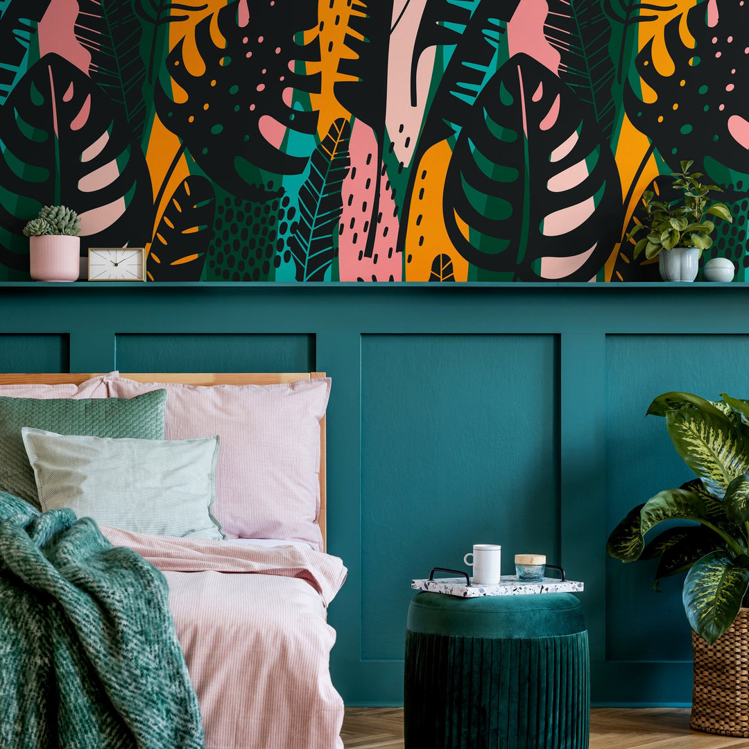 Botanical Wallpaper with an Abstract Jungle Leaf Motif in Black, Green, and Yellow - B177