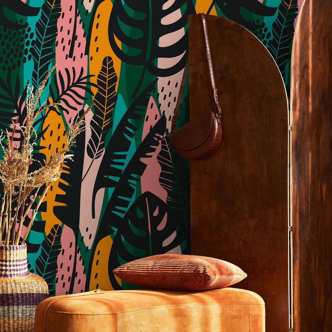 Botanical Wallpaper with an Abstract Jungle Leaf Motif in Black, Green, and Yellow - B177