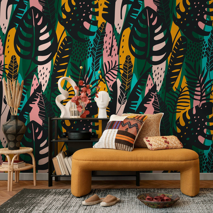 Botanical Wallpaper with an Abstract Jungle Leaf Motif in Black, Green, and Yellow - B177