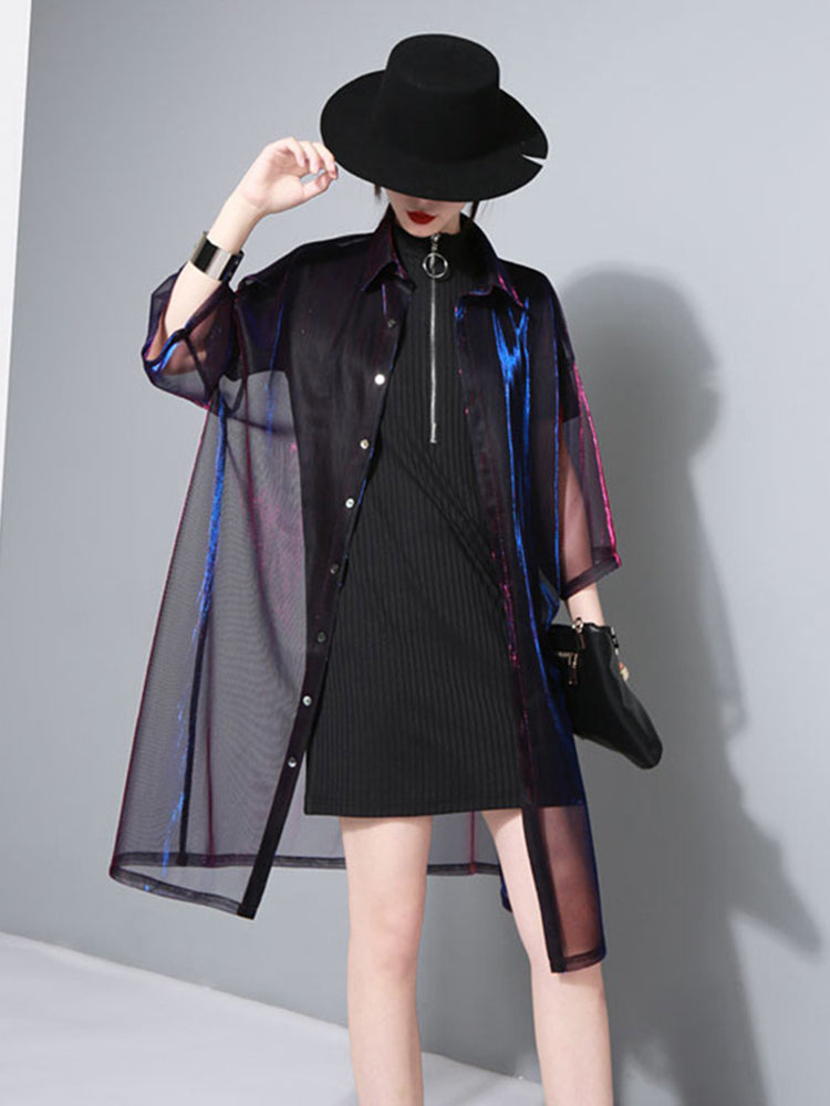 Reece Sheer Shimmer Shirt Dress - Rose Red Blue Reece Sheer Shimmer Shirt Dress - Rose Red Blue