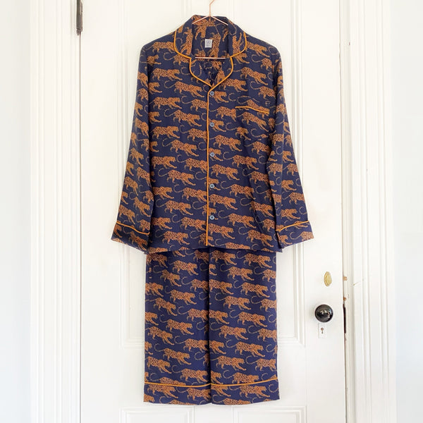 Men's Navy Leopard Washable Silk Pajamas