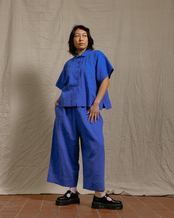 Boxy Collared Top in Cobalt Linen (RTS)
