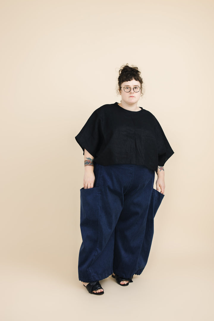 Super Wide Crop Top In Black Linen
