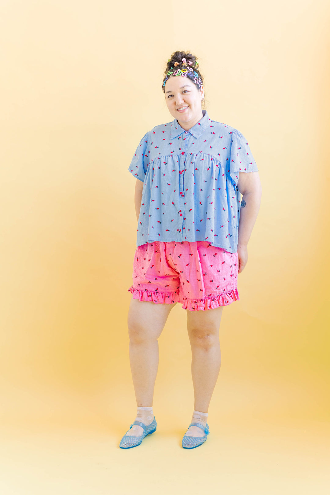 Button Mushroom Top in Cornflower Cherry Cotton