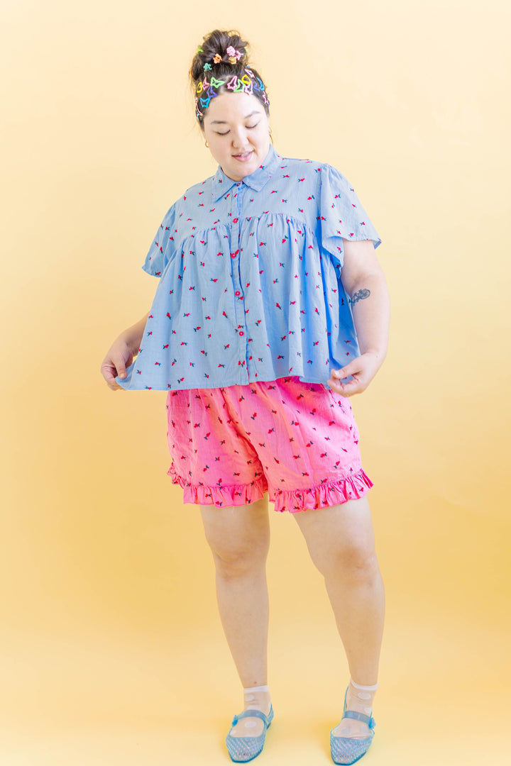 Button Mushroom Top in Cornflower Cherry Cotton