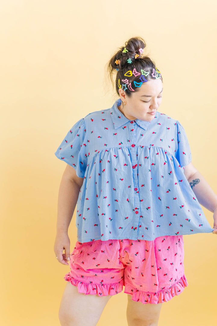 Button Mushroom Top in Cornflower Cherry Cotton