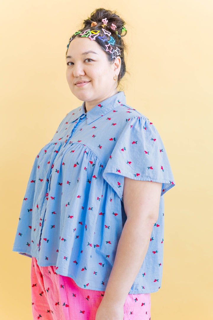 Button Mushroom Top in Cornflower Cherry Cotton