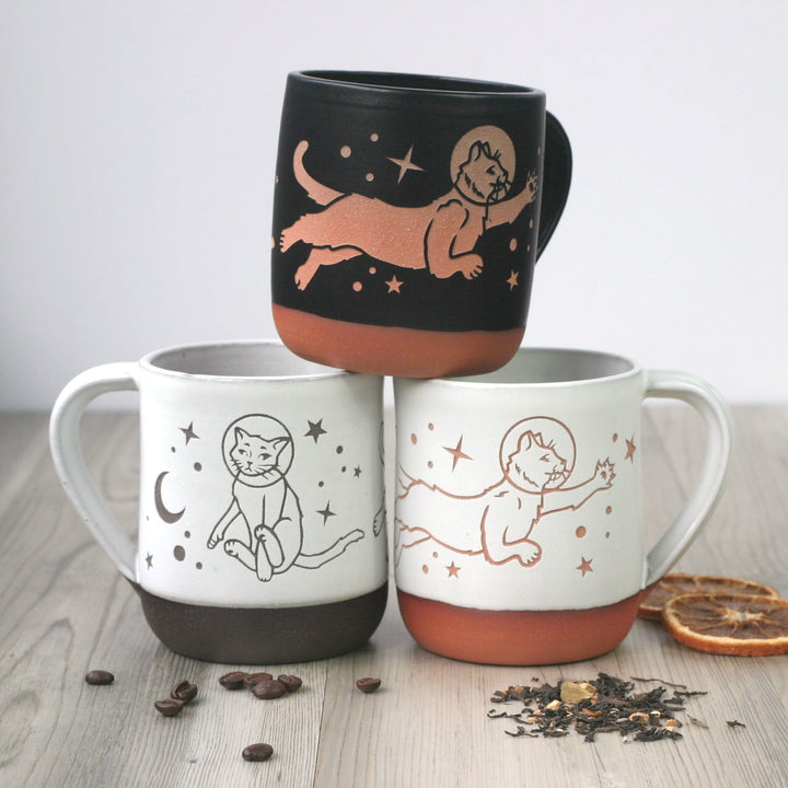 Space Cats Mug, Farmhouse Style Handmade Pottery