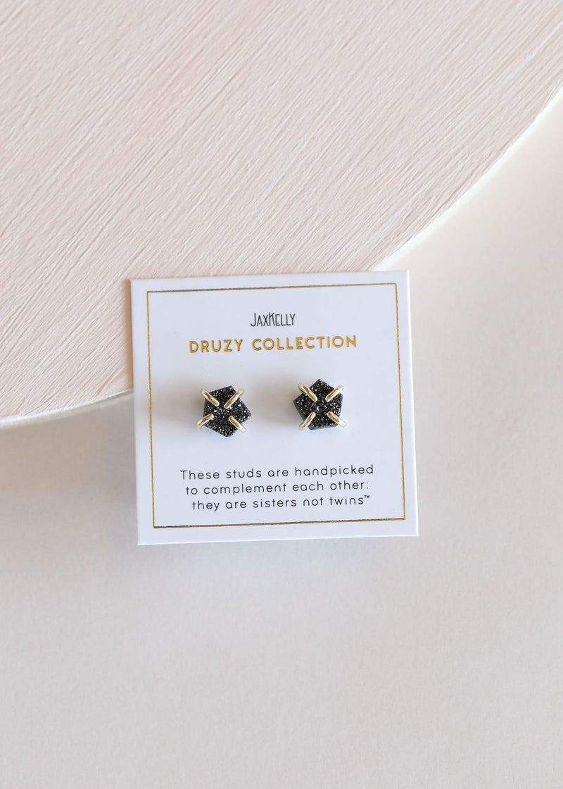 Black Druzy Stud Earrings