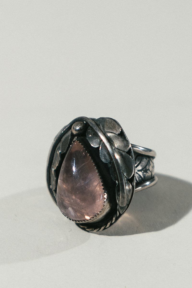 Silver Leaf and Stone Ring - Rose Quartz