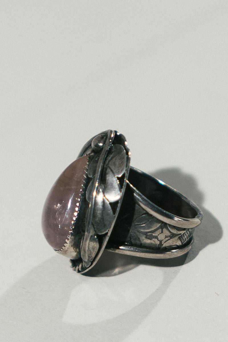 Silver Leaf and Stone Ring - Rose Quartz