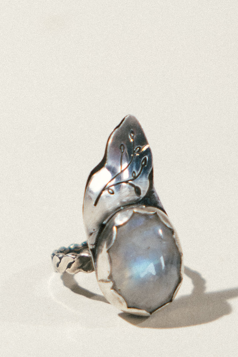 Rainbow Moonstone and Leaf Ring