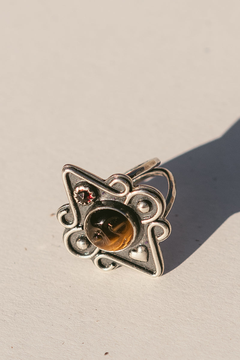 Tiger's Eye Face Ring with Garnet