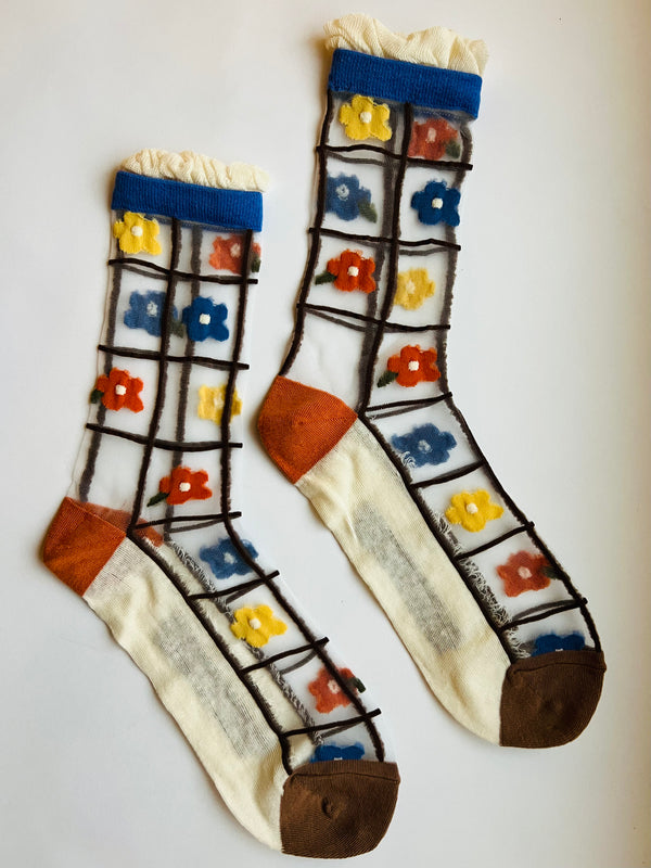 Sheer Daisy Grid Socks with Ruffle Top