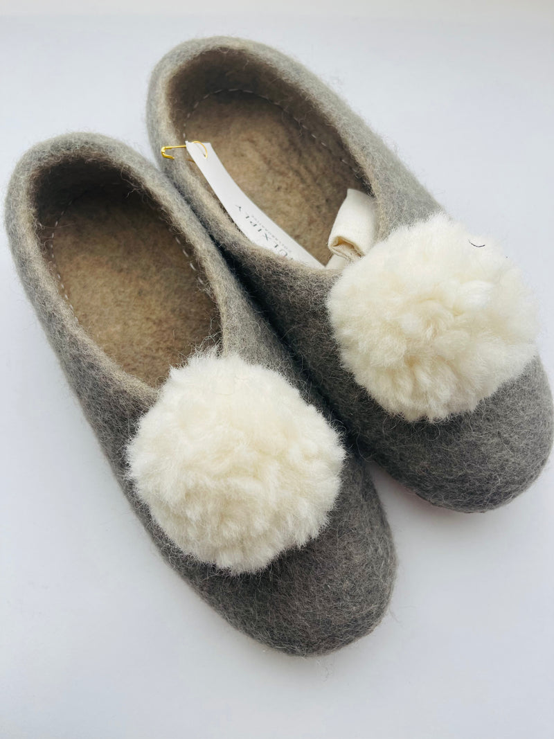 Light Grey and White Pom Pom Felt Slippers