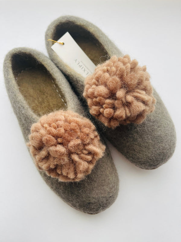 Light Grey and Muted Rose Pom Pom Felt Slippers