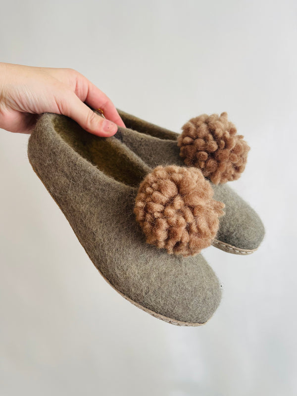 Light Grey and Muted Rose Pom Pom Felt Slippers