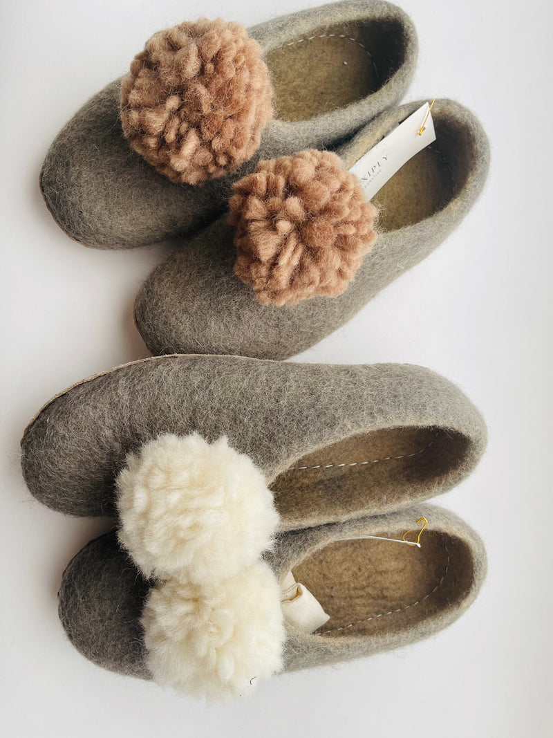 Light Grey and Muted Rose Pom Pom Felt Slippers