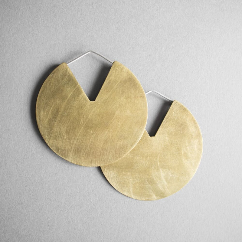 Large Brass Disc Earrings with V Cutout