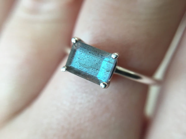 Faceted Labradorite Ring, 7x5 Emerald Cut Ring