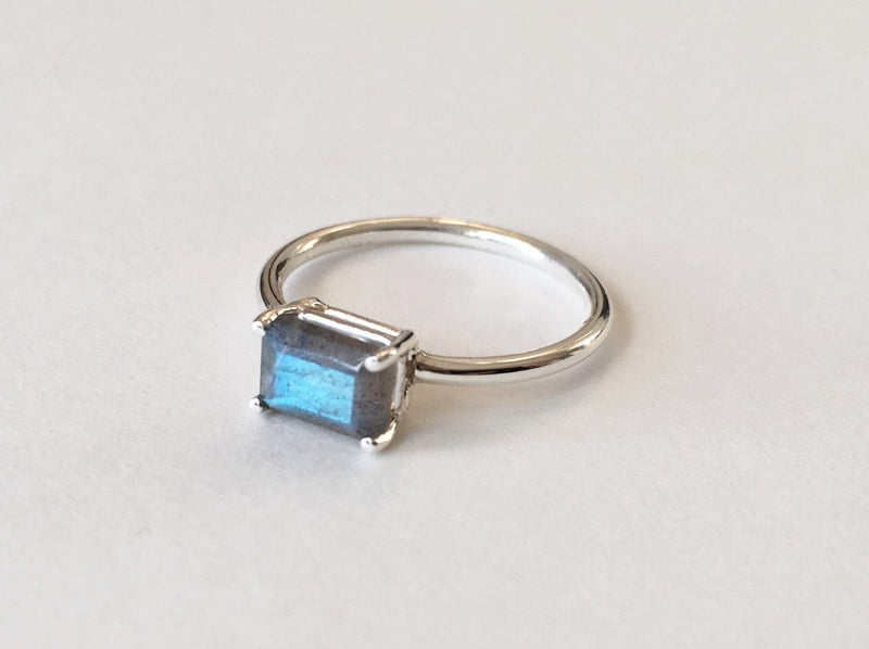 Faceted Labradorite Ring, 7x5 Emerald Cut Ring
