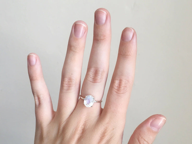 Rainbow Moonstone Crescent Sterling Silver Ring - The Fossil Cartel