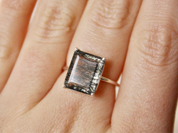 Tourmalinated Quartz Ring, 12x10 Emerald Cut