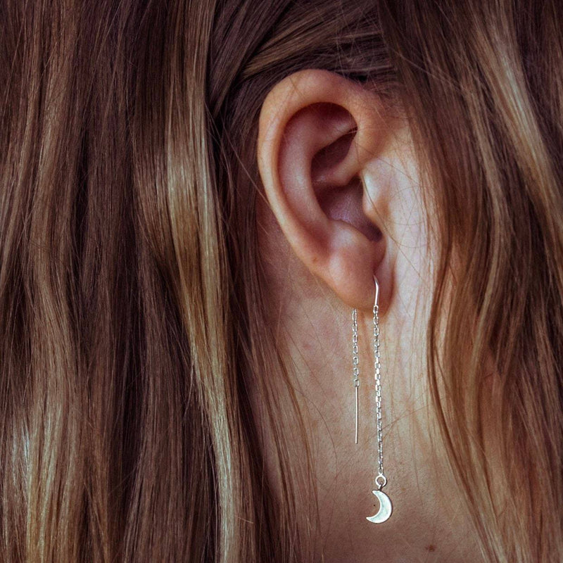 Crescent Moon Threader Earrings in silver