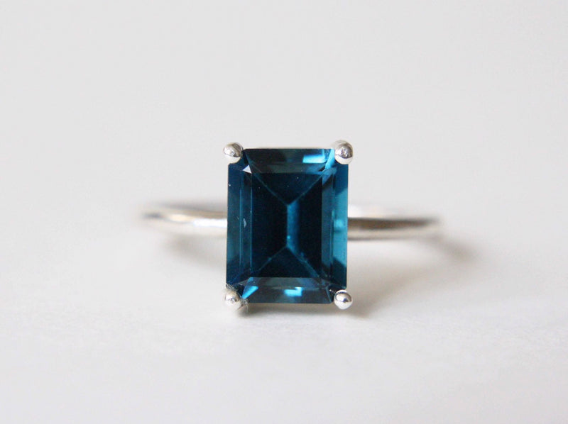London Blue Topaz Ring, 9x7 Emerald Cut
