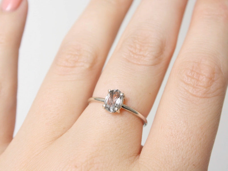 Tourmalinated Quartz Ring, 7x5 Oval Faceted