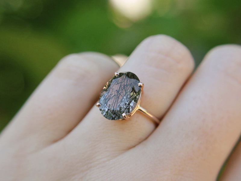 Tourmalinated Quartz Ring, 14x10 Oval Faceted