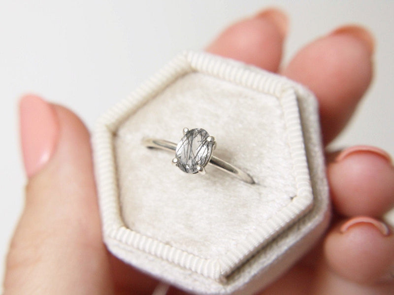 Tourmalinated Quartz Ring, 7x5 Oval Faceted