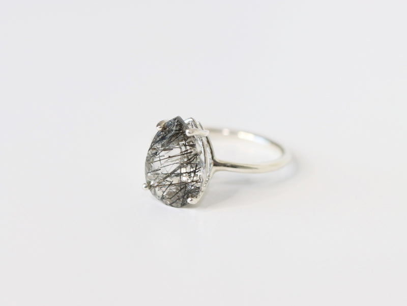 Tourmalinated Quartz Ring, 13x9 Pear Cut