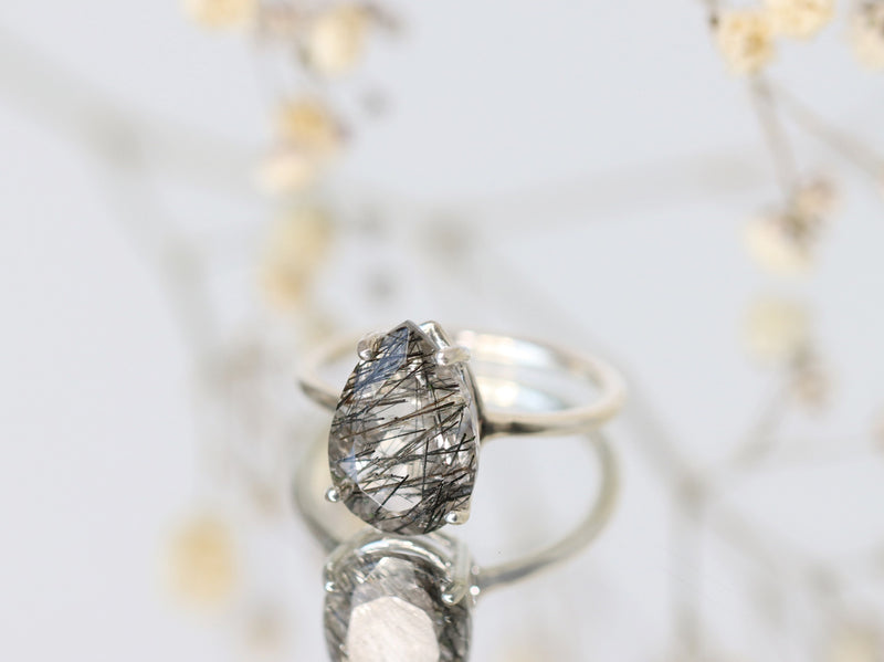 Tourmalinated Quartz Ring, 13x9 Pear Cut