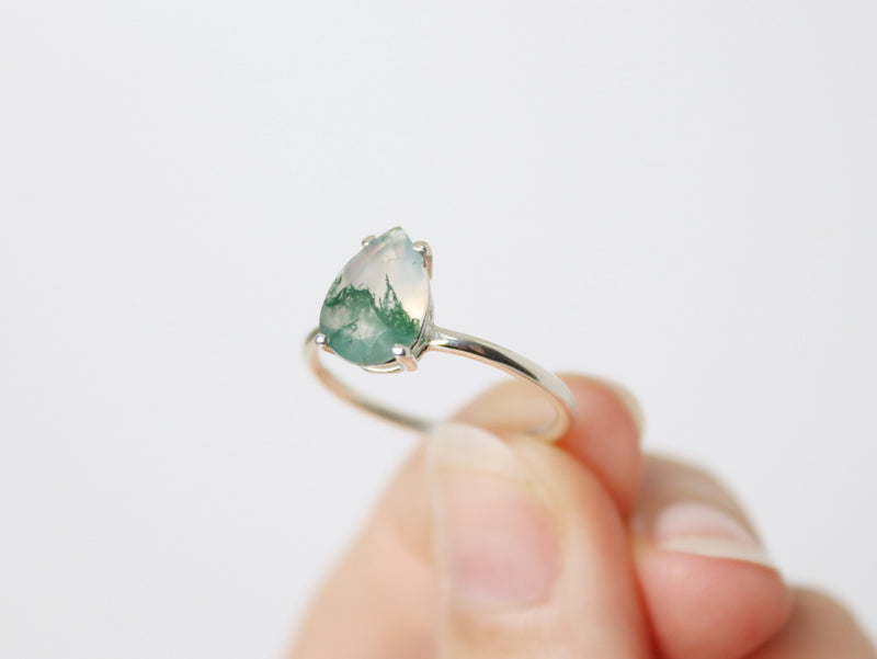 10x7 Pear Shape Faceted Moss Agate Ring