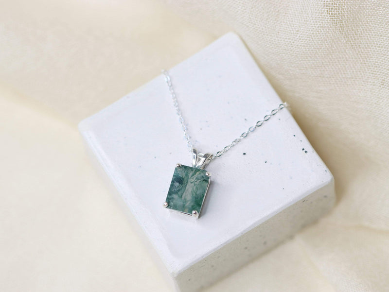 9x7 Emerald Cut Moss Agate Necklace