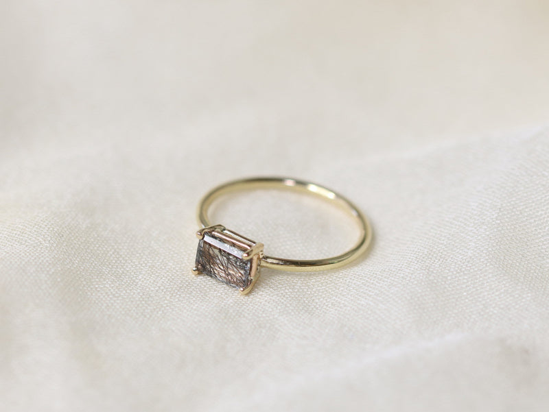 Tourmalinated Quartz Ring, 7x5 Emerald Cut Ring