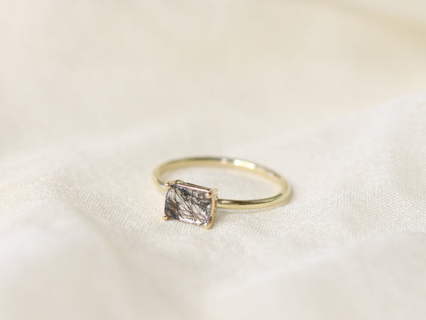 Tourmalinated Quartz Ring, 7x5 Emerald Cut Ring