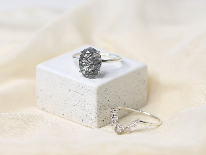 Supernova Bridal Set with Black Rutilated Quartz and Salt and Pepper Diamonds
